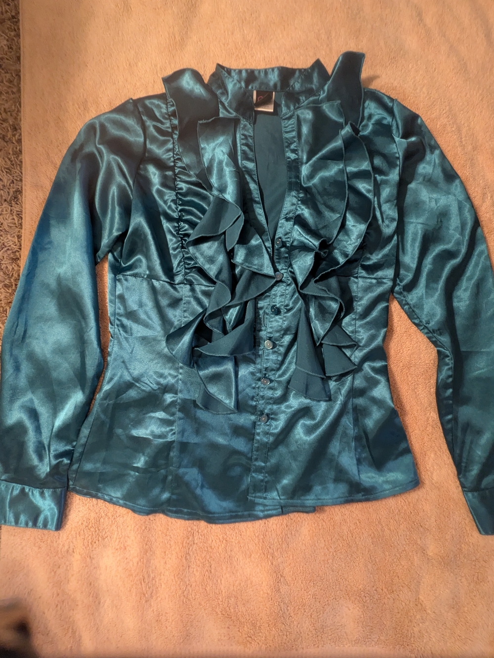 Wrapper Teal Satin Ruffle-Front Blazer